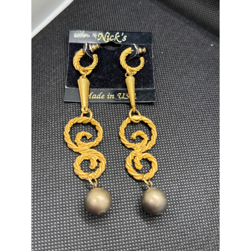 Vintage Nick's Gold Tone Rope Link Drop Earrings with Ball Charms Made in USA